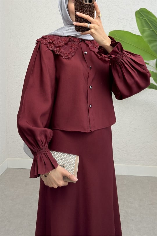 Bebe Yaka Fistolu Kolu Lastikli Bluz-Kloş Etek Takım -Bordo