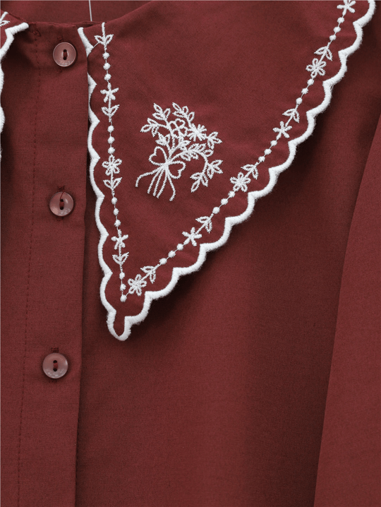Bebe Yaka Fistolu Kolu Lastikli Poplin Gömlek Bluz -Bordo