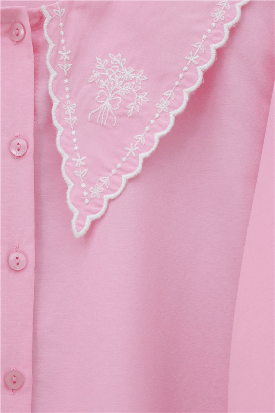 Bebe Yaka Fistolu Kolu Lastikli Poplin Gömlek Bluz -Pembe