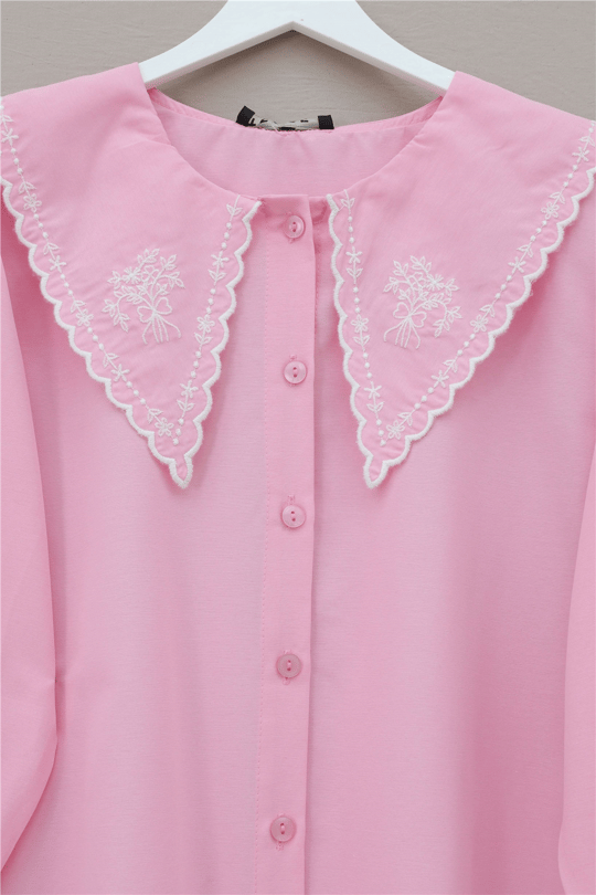 Bebe Yaka Fistolu Kolu Lastikli Poplin Gömlek Bluz -Pembe