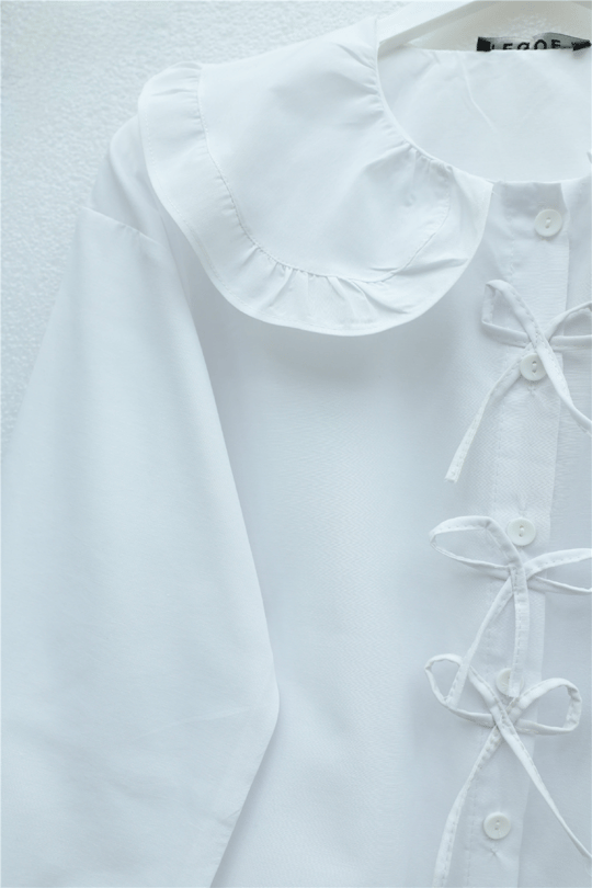 Bebe Yaka Kurdele Detaylı Gömlek     -Beyaz