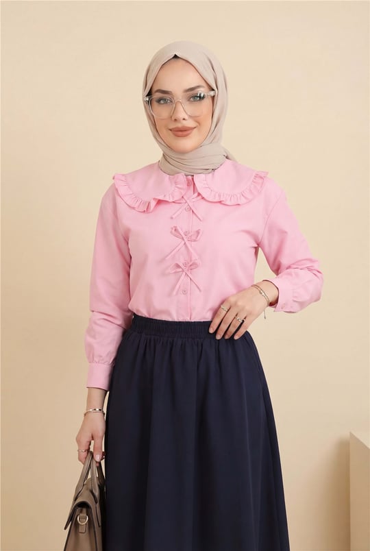 Bebe Yaka Kurdele Detaylı Gömlek     -Pembe