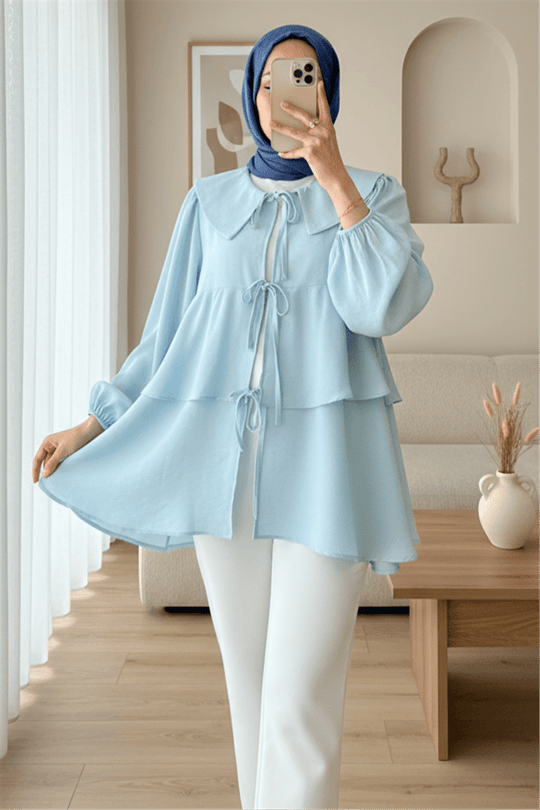 Bebe Yaka Önü Bağcıklı Eteği Katlı Kimono -Bebe Mavi