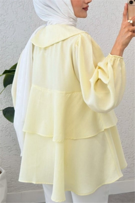Bebe Yaka Önü Bağcıklı Eteği Katlı Kimono -Açık Sarı