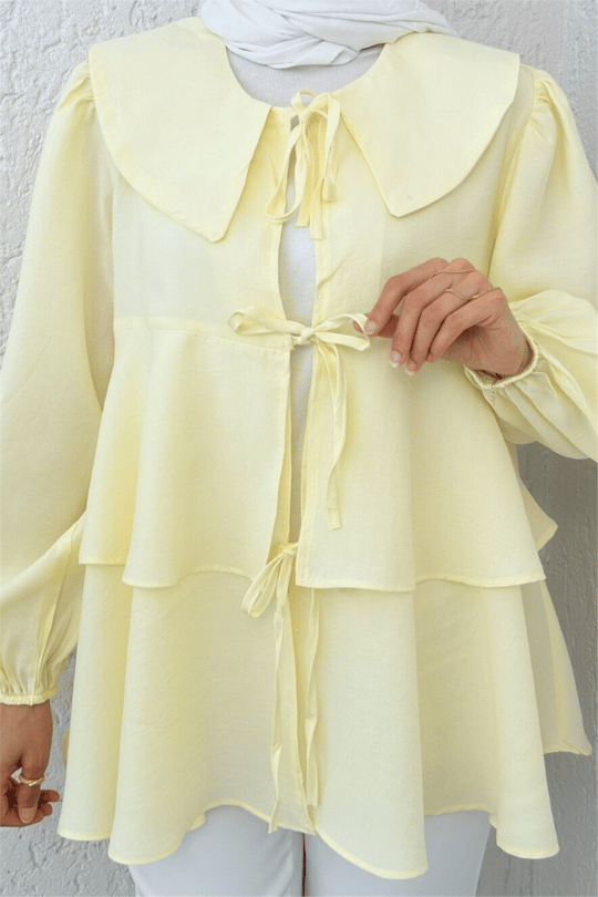 Bebe Yaka Önü Bağcıklı Eteği Katlı Kimono -Açık Sarı