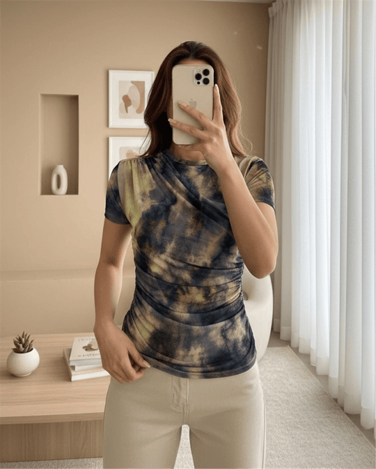 Bel Omuz Büzgülü Batik Baskı Sendy Bluz  -Yeşil