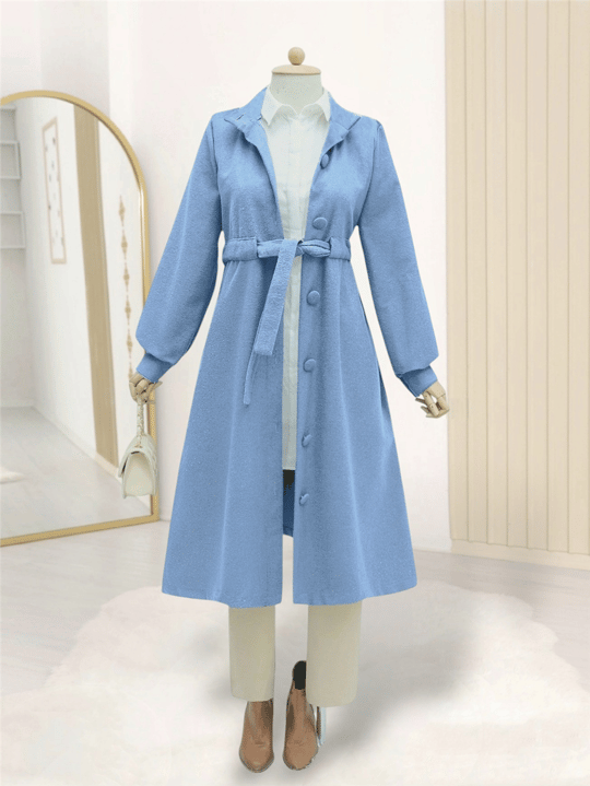 Womens Waist-Tie Top Button-Front Wool-Blend Coat - Blue