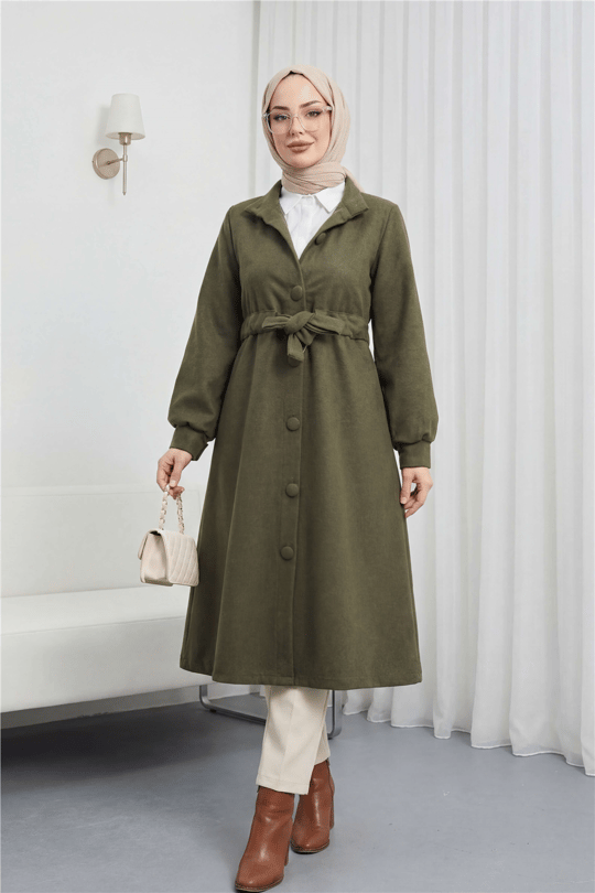 Belden Bağlamalı Top Düğmeli Kaşe Kaban -Haki-Kaban-346-3046-R05