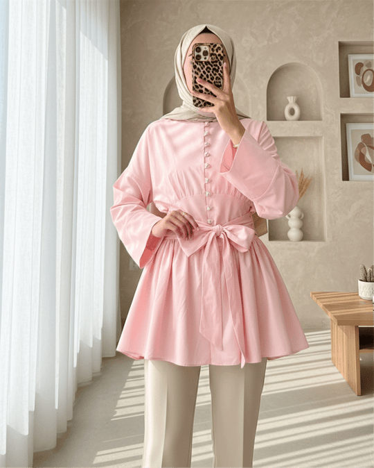 Beli Bağcıklı Boydan Taş Düğmeli Tunik -Pembe