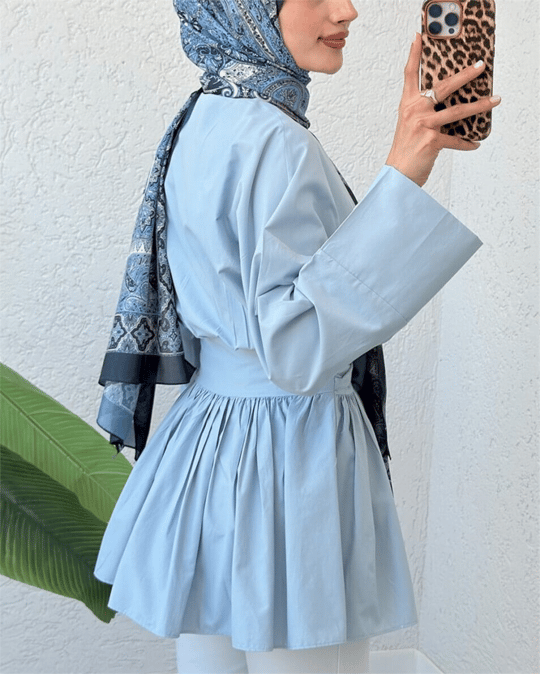 Beli Bağcıklı Boydan Taş Düğmeli Tunik -Bebe Mavi
