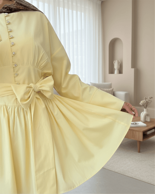 Beli Bağcıklı Boydan Taş Düğmeli Tunik -Açık Sarı
