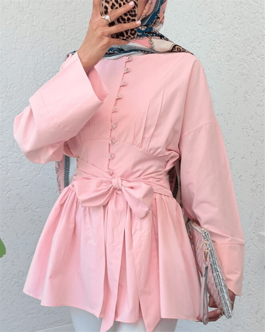 Beli Bağcıklı Boydan Taş Düğmeli Tunik -Pembe