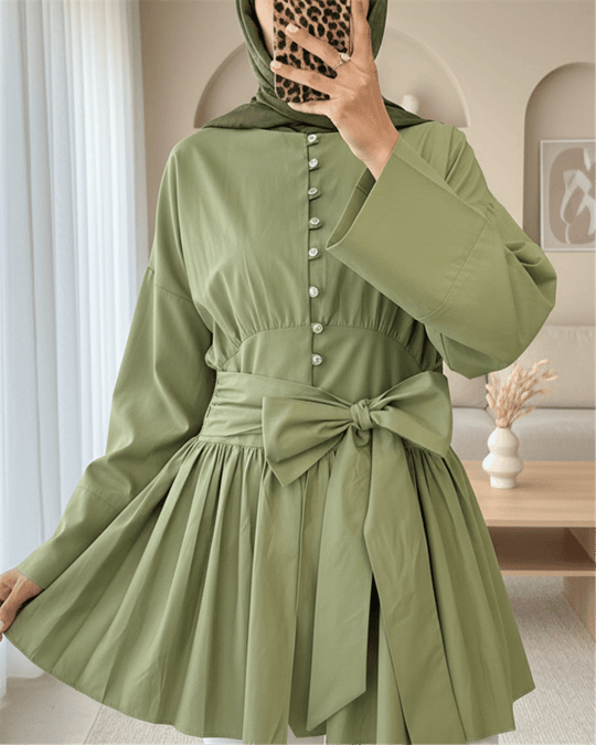 Beli Bağcıklı Boydan Taş Düğmeli Tunik -Çağla Y.