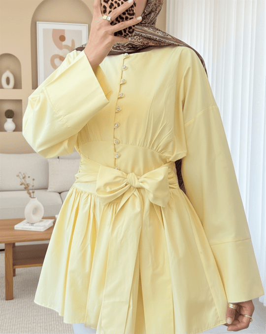 Beli Bağcıklı Boydan Taş Düğmeli Tunik -Açık Sarı