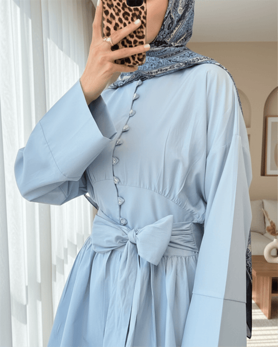 Beli Bağcıklı Boydan Taş Düğmeli Tunik -Bebe Mavi