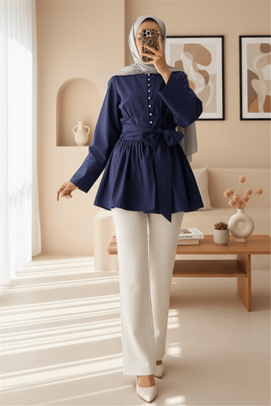 Beli Bağcıklı Boydan Taş Düğmeli Tunik -Laci