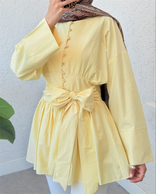 Beli Bağcıklı Boydan Taş Düğmeli Tunik -Açık Sarı