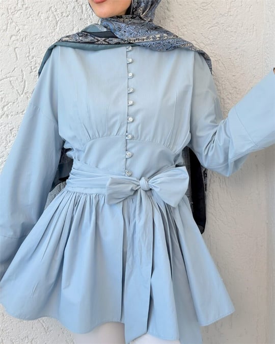 Beli Bağcıklı Boydan Taş Düğmeli Tunik -Bebe Mavi