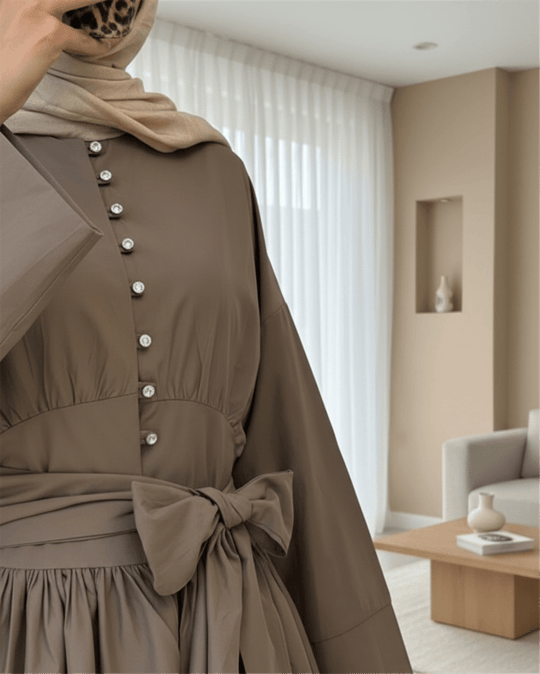 Beli Bağcıklı Boydan Taş Düğmeli Tunik -Açık Kahve