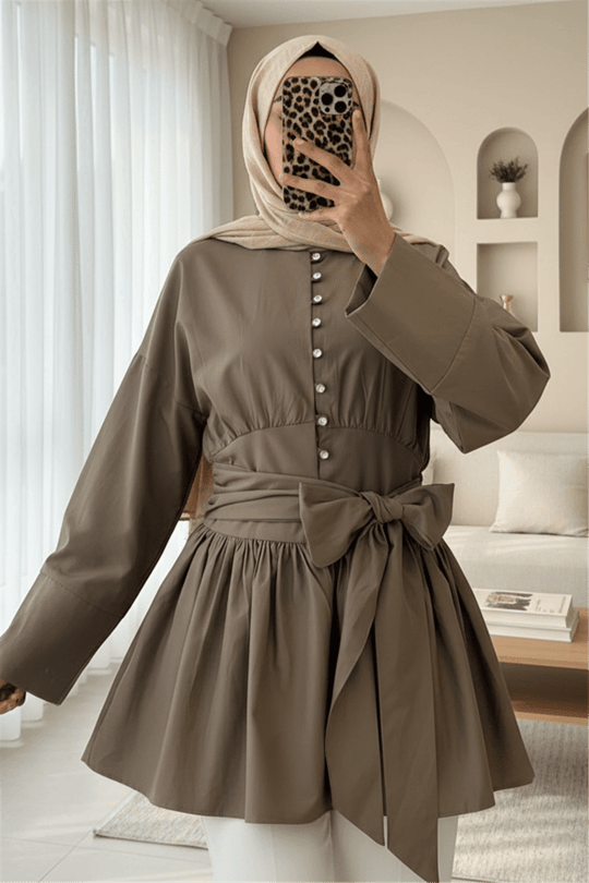 Beli Bağcıklı Boydan Taş Düğmeli Tunik -Açık Kahve