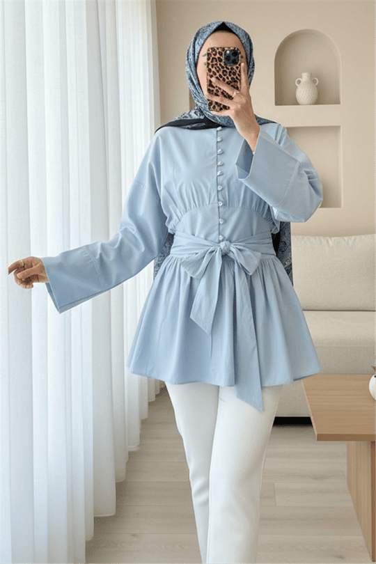 Beli Bağcıklı Boydan Taş Düğmeli Tunik -Bebe Mavi