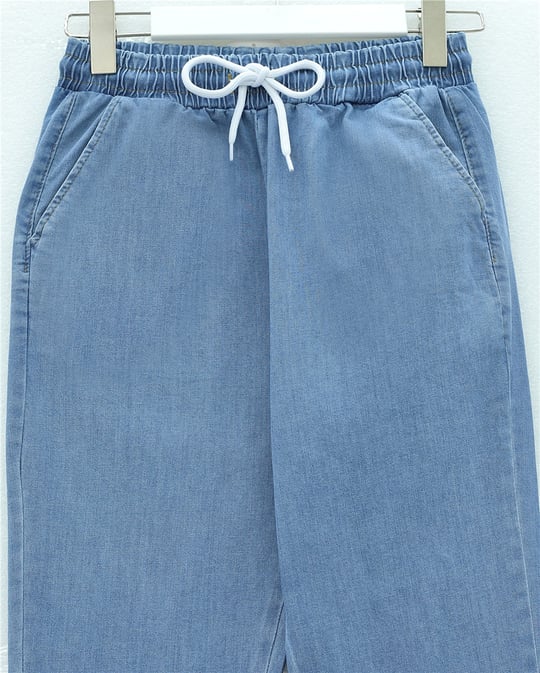 Beli Bağcıklı Cepli İspanyol Paça Kot Pantolon -Mavi
