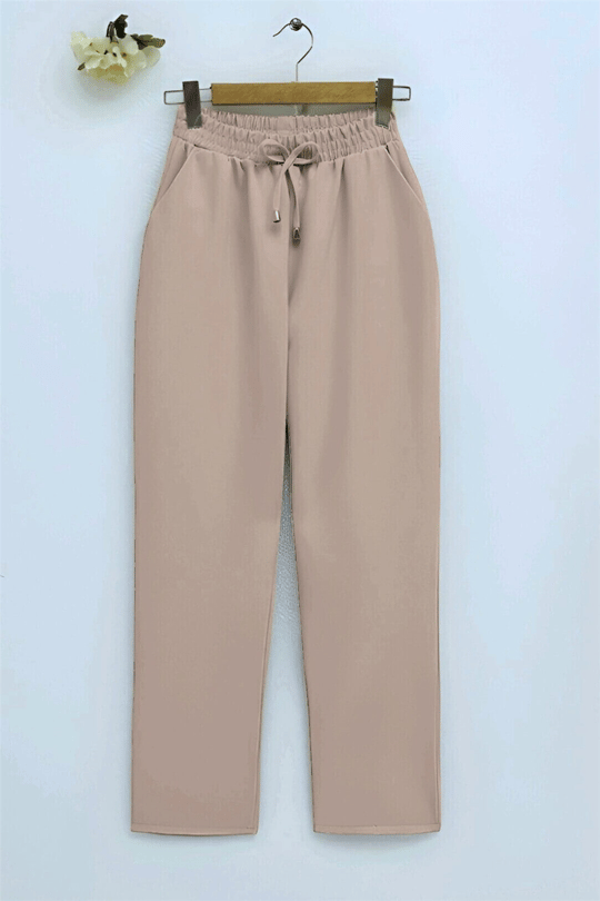 Beli Bağcıklı Dar Paça Pantolon -Bej