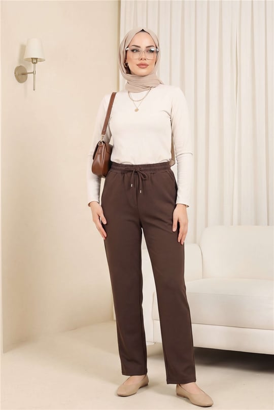 Beli Bağcıklı Dar Paça Pantolon    -Kahve