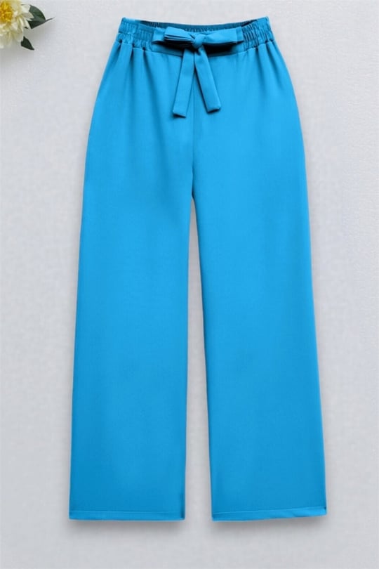 Beli Bağcıklı Double Bol Paça Pantolon -Mavi