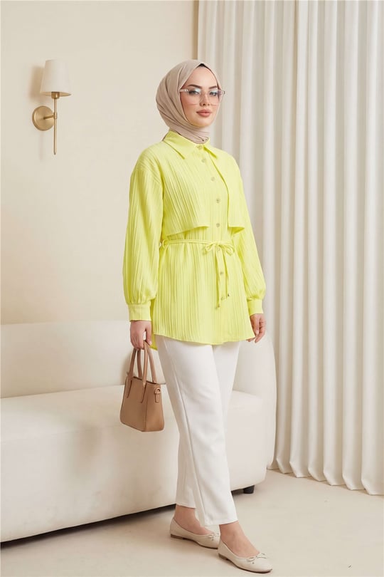 Beli Bağlamalı Bolero Detaylı Taşlı Düğmeli Gömlek -Sarı