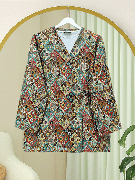 Beli Bağlamalı Cepli Desenli Kapitone Kimono -Bej