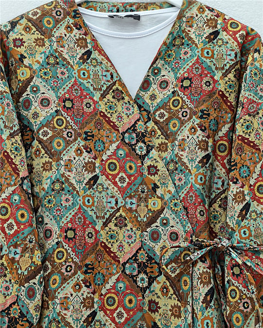 Beli Bağlamalı Cepli Desenli Kapitone Kimono -Bej