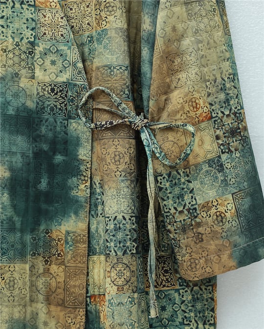 Beli Bağlamalı Cepli Desenli Kapitone Kimono -Haki