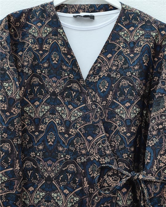 Beli Bağlamalı Cepli Desenli Kapitone Kimono -Laci