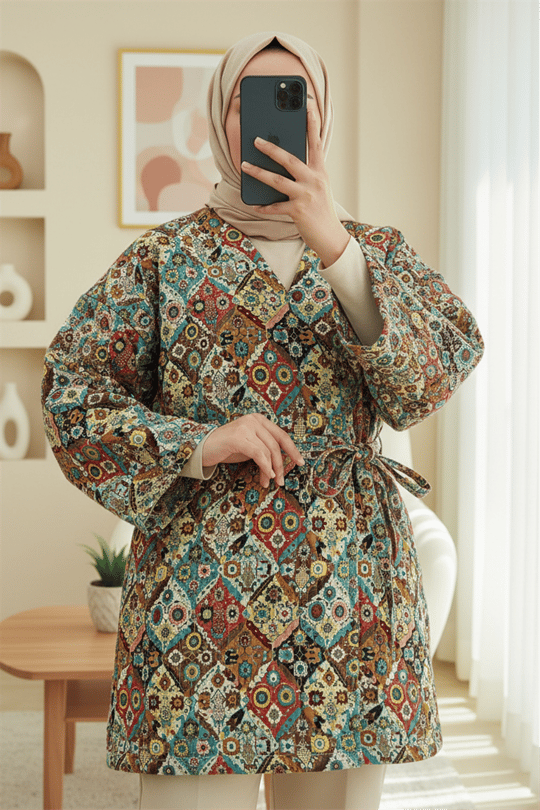 Beli Bağlamalı Cepli Desenli Kapitone Kimono -Bej
