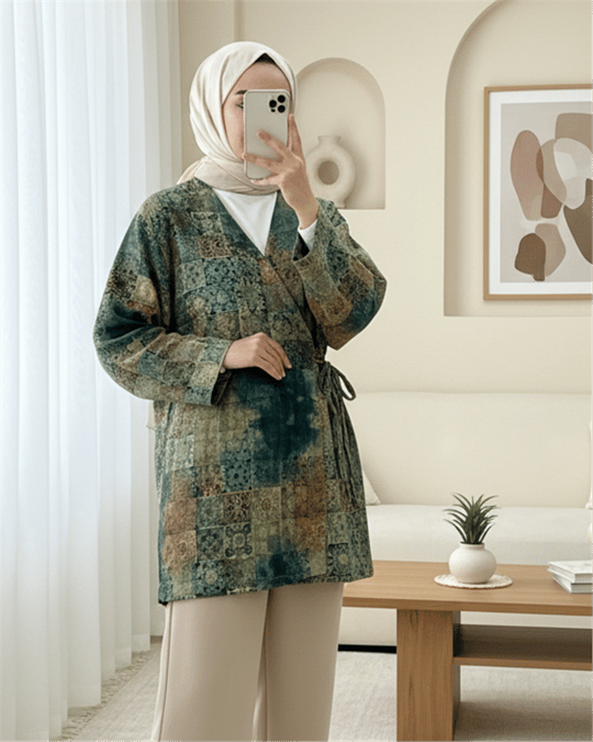Beli Bağlamalı Cepli Desenli Kapitone Kimono -Haki