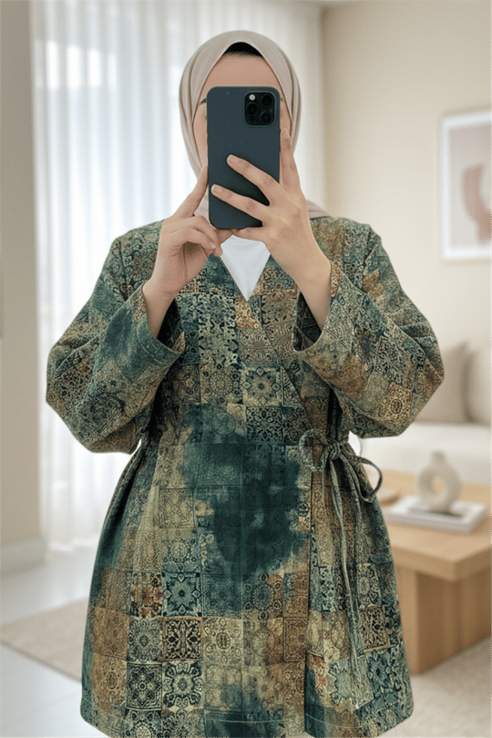 Beli Bağlamalı Cepli Desenli Kapitone Kimono -Haki