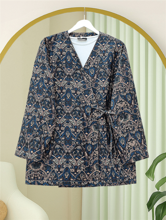 Beli Bağlamalı Cepli Desenli Kapitone Kimono -Laci