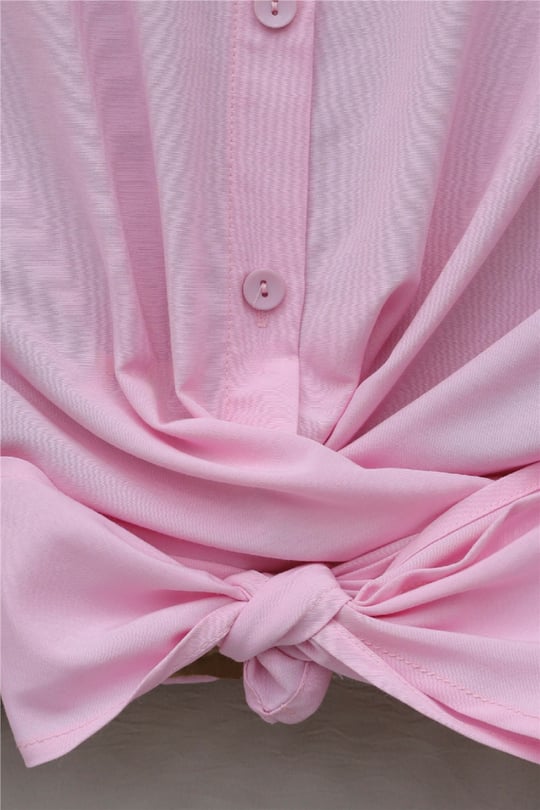 Beli Bağlamalı İspanyol Kol Poplin Gömlek Bluz -Pembe