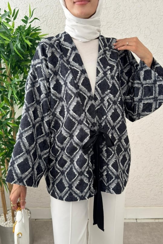 Beli Bağlamalı Kare Desen Saçaklı Kimono -K.Laci