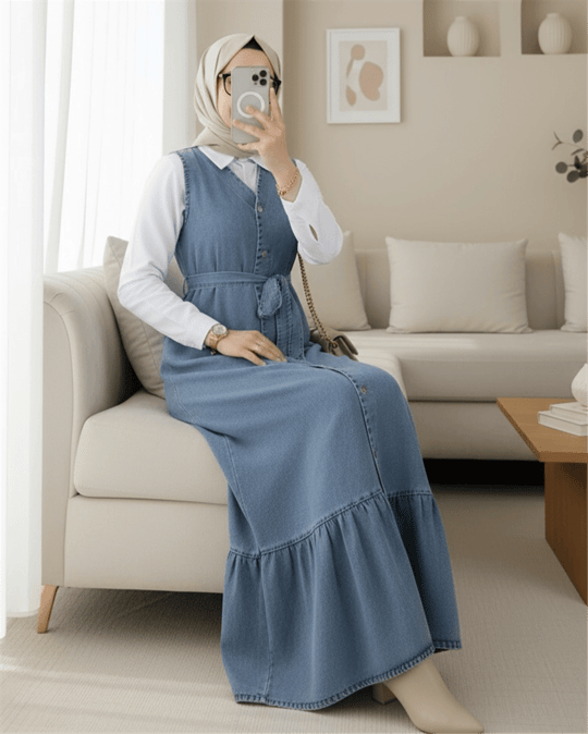 Beli Bağlamalı Önü Düğmeli Cepli Kot Jile   -Buz Mavi