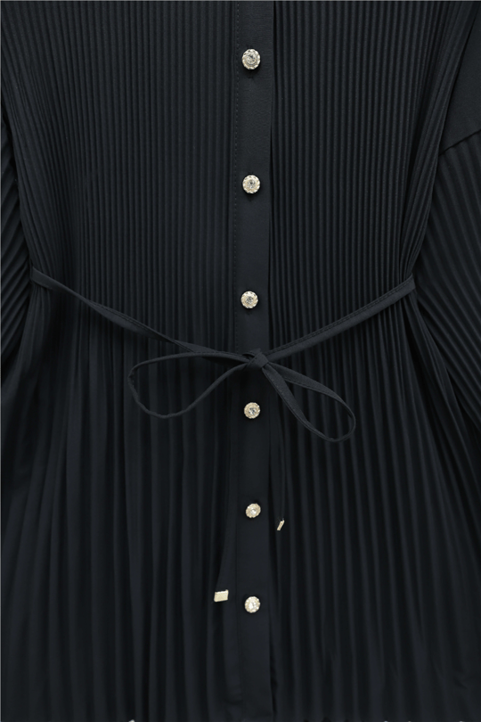 Womens Tie-Waist Embellished Button-Front Pleated Poplin Tunic - Black