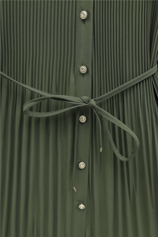 Womens Tie-Waist Embellished Button-Front Pleated Poplin Tunic - Khaki
