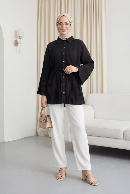 Womens Tie-Waist Embellished Button-Front Pleated Poplin Tunic - Black