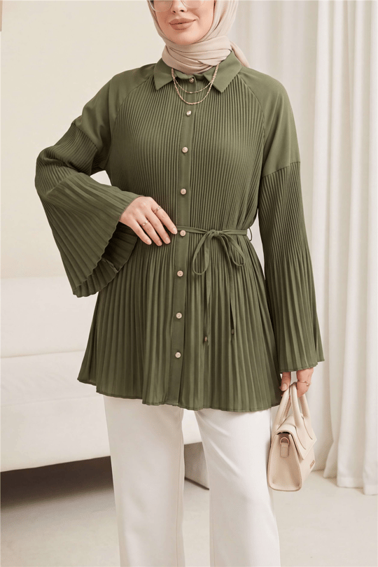 Womens Tie-Waist Embellished Button-Front Pleated Poplin Tunic - Khaki