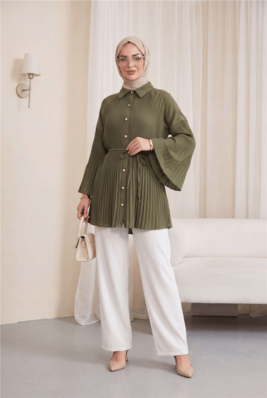 Womens Tie-Waist Embellished Button-Front Pleated Poplin Tunic - Khaki