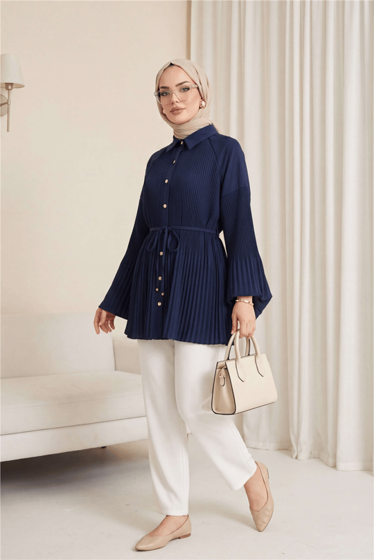 Beli Bağlamalı Taşlı Düğmeli Pliseli Poplin Tunik -Lacivert