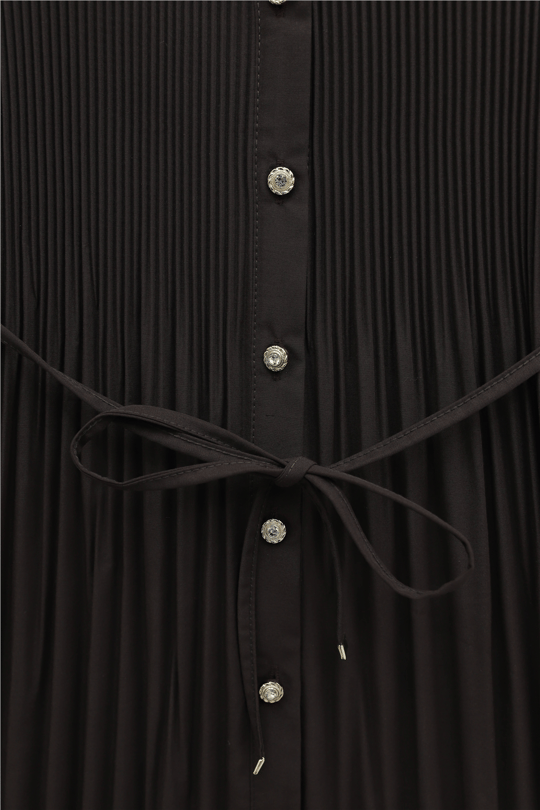 Womens Tie-Waist Embellished Button-Front Pleated Poplin Tunic - Brown