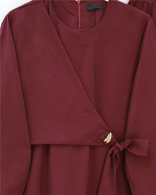 Beli Çapraz Bağlamalı Pantolonlu Modal Takım  -Bordo