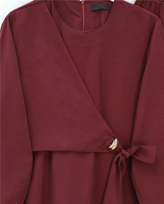 Beli Çapraz Bağlamalı Pantolonlu Modal Takım  -Bordo